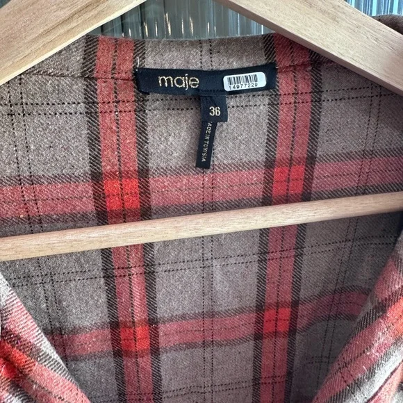 Maje Paris Plaid Shirt Dress – Pleated Wool-Blend Look – Size 36 - Picture 5 of 7